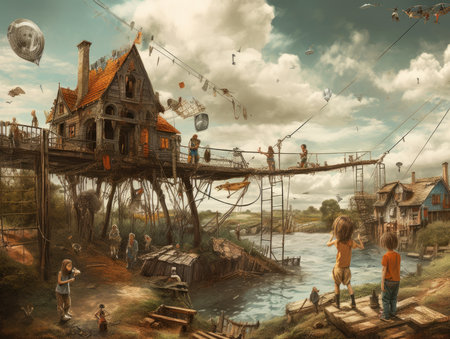 Unidentified tourists visit old wooden house in Mae Hong Son, Thailand, steampunk landscape, atmospheric fantary artの素材