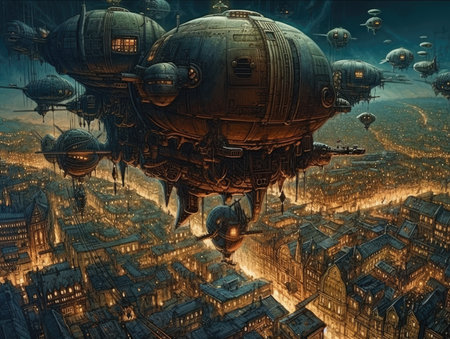 Flying saucers over the city. digital illustration. 3d rendering, steampunk landscape, atmospheric fantasy artの素材