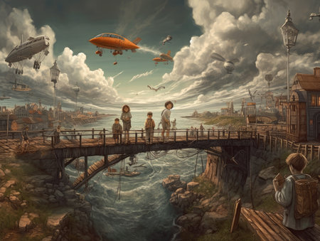 Fantasy landscape with wooden bridge over the river and flying saucers, steampunk landscape, atmospheric fantary artの素材