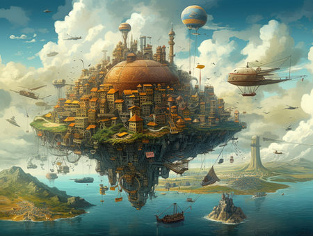 Fantasy alien planet floating in the sky. 3D illustration, steampunk landscape, atmospheric fantasy artの素材