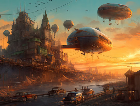 Airship flying over the city at sunset. 3d illustration, steampunk landscape, atmospheric fantasy artの素材