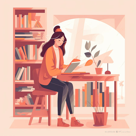 Girl sitting at the table and working on laptop. Flat vector illustration.の素材