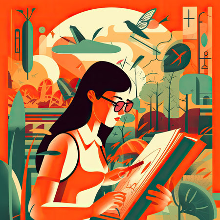 Vector illustration of a girl with glasses and a book in her hands. Vector illustration in flat style, website clipart artの素材