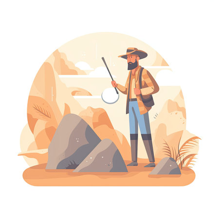 Hiking man with a compass in hand. Flat vector illustration. Vector illustration in flat style, website clipart artの素材