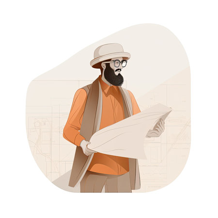Vector illustration of a hipster man with a beard in a hat and glasses holding a newspape. Vector illustration in flat style, website clipart artの素材