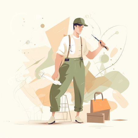Vector illustration of a delivery man in uniform delivering a parcel to the customer.の素材