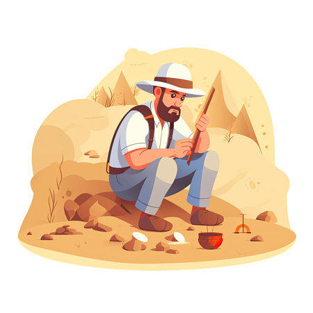 Fisherman sitting on the sand and holding a fishing rod. vector illustration. Vector illustration in flat style, website clipart artの素材