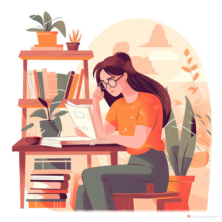Young woman sitting at the desk and reading a book. vector illustration. Vector illustration in flat style, website clipart artの素材