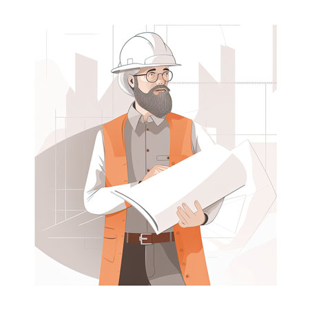 Architect with plans on the background of the city. vector illustration. Vector illustration in flat style, website clipart artの素材