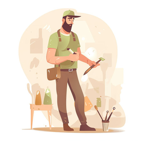 Gardener in uniform with a brush in his hand. vector illustration. Vector illustration in flat style, website clipart artの素材