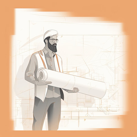 Architect with blueprint on the background of the building. vector illustration. Vector illustration in flat style, website clipart artの素材