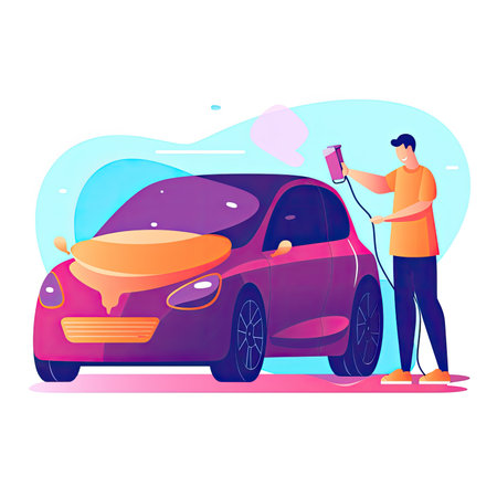 Car wash service concept vector illustration. Cartoon man washing car with sponge. Vector illustration in flat style, website clipart artの素材