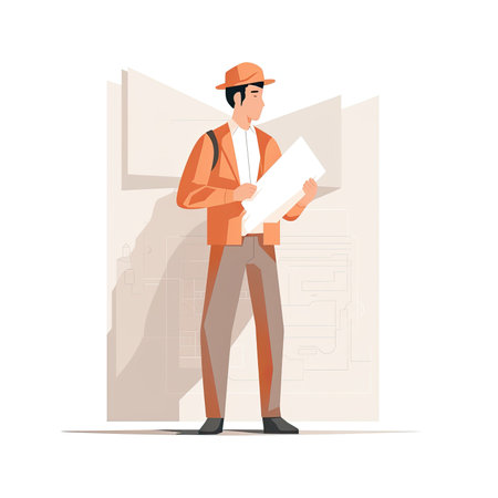 Architect working on construction site. Vector illustration in flat style. Vector illustration in flat style, website clipart artの素材