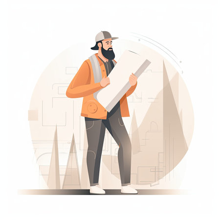 Architect with blueprint. Vector illustration in flat cartoon style on white background. Vector illustration in flat style, website clipart artの素材