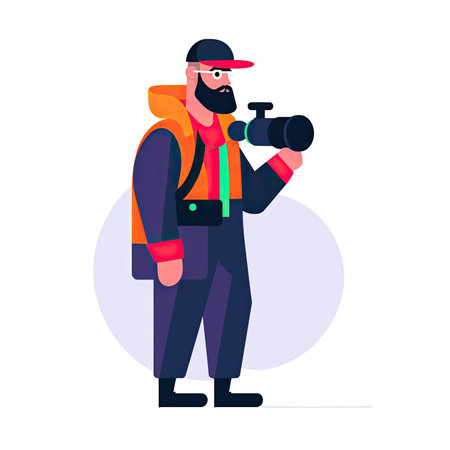 Photographer with camera. professional photographer. Vector illustration in a flat style. Vector illustration in flat style, website clipart artの素材