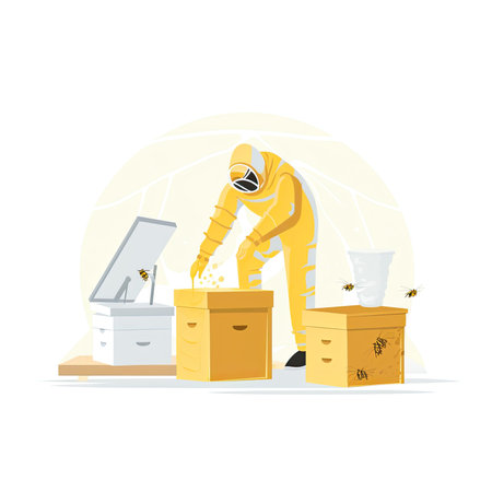 Beekeeper in protective suit working on apiary. vector illustration. Vector illustration in flat style, website clipart artの素材