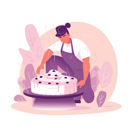 Chef decorating a cake. Vector illustration in cartoon style. Vector illustration in flat style, website clipart artの素材