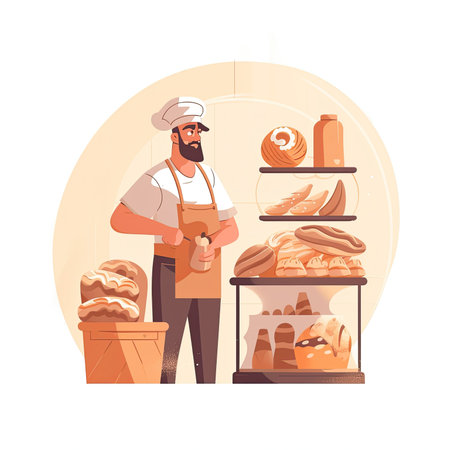 Baker in a bakery. Vector illustration in flat cartoon style. Vector illustration in flat style, website clipart artの素材
