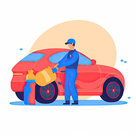 Car service, auto repair and maintenance concept. Mechanic in uniform with tool and car. Vector illustration in flat style. Vector illustration in flat style, website clipart artの素材