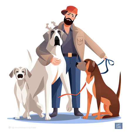 Hipster man with dogs. Vector illustration in cartoon style. Vector illustration in flat style, website clipart artの素材