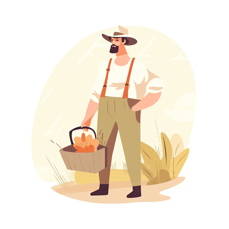 Farmer holding a basket of fresh carrots, flat vector illustration. Vector illustration in flat style, website clipart artの素材