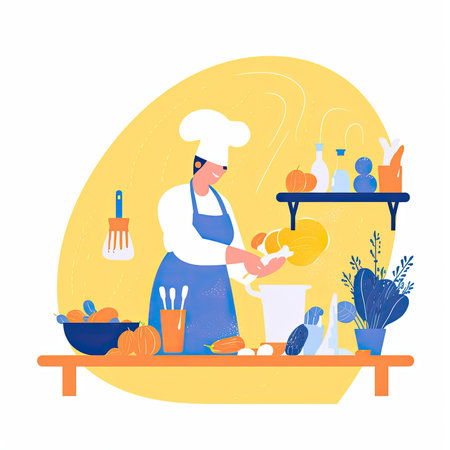 Cook at the kitchen. Vector illustration in a flat style on a white background. Vector illustration in flat style, website clipart artの素材
