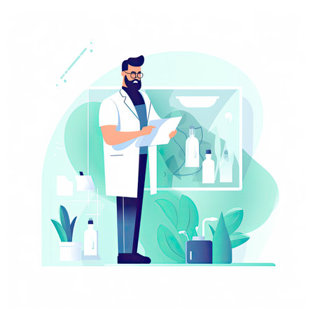 Vector illustration of a male doctor with a stethoscope in his hands. Vector illustration in flat style, website clipart artの素材