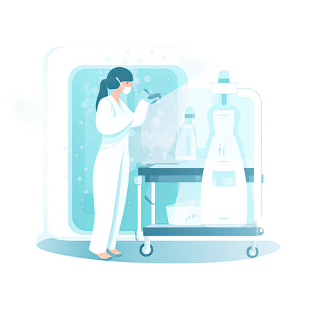 Cosmetologist in white robe and mask with dropper in medical cabinet. vector illustration. Vector illustration in flat style, website clipart artの素材