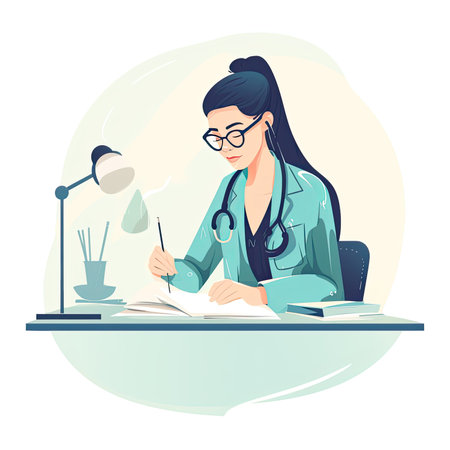 Young female doctor sitting at desk and writing notes. vector illustration. Vector illustration in flat style, website clipart artの素材