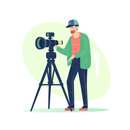 Photographer with camera on tripod. Vector illustration in flat style. Vector illustration in flat style, website clipart artの素材