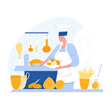 Chef cooking chicken in the kitchen. Vector illustration in flat style. Vector illustration in flat style, website clipart artの素材