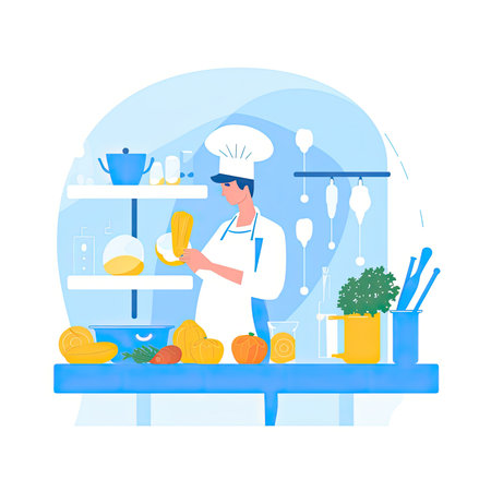 Chef cooking food in the kitchen. Vector illustration in flat style. Vector illustration in flat style, website clipart artの素材
