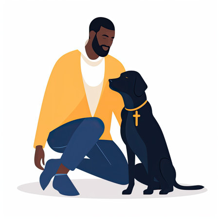 Man with beard sitting with dog. Vector illustration in flat style. Vector illustration in flat style, website clipart artの素材