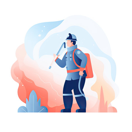 Firefighter with a fire extinguisher. Vector illustration in flat style. Vector illustration in flat style, website clipart artの素材