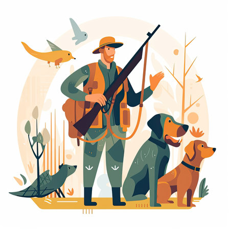 Hunting season vector illustration. Cartoon hunter with a gun and a hunting dog. Vector illustration in flat style, website clipart artの素材