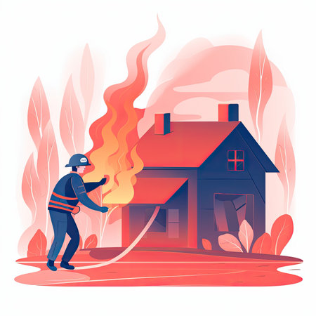 Firefighter extinguishes a fire in a house. vector illustration. Vector illustration in flat style, website clipart artの素材