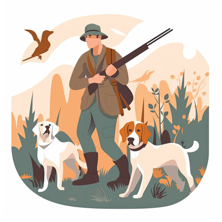 Hunting season vector illustration. Hunter with hunting rifle and dog. Vector illustration in flat style, website clipart artの素材
