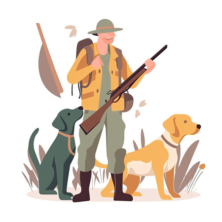 Hunting season vector illustration. Cartoon man with hunting gear and dog. Vector illustration in flat style, website clipart artの素材