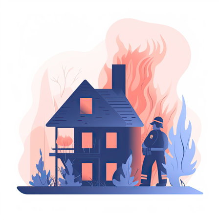 Firefighter and burning house. Emergency and rescue concept. Flat vector illustration. Vector illustration in flat style, website clipart artの素材