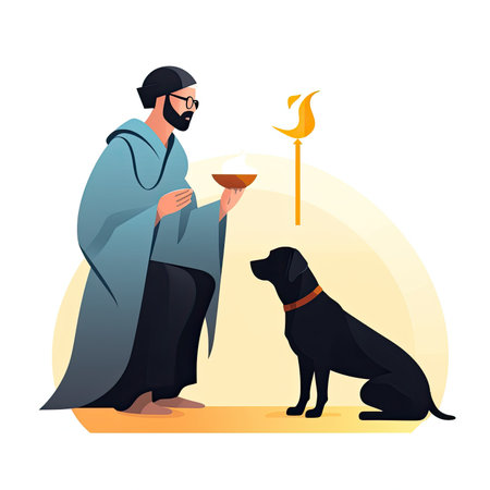 Muslim man with dog and bowl of food. Muslim man with dog and bowl of food. Vector illustration in flat style. Vector illustration in flat style, website clipart artの素材