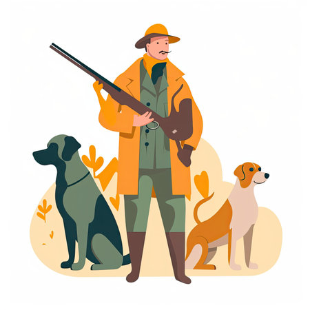 Hunter with a hunting rifle and dogs. Vector illustration in flat style. Vector illustration in flat style, website clipart artの素材