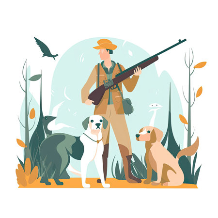 Hunter with a hunting rifle and dog. Vector illustration in flat style. Vector illustration in flat style, website clipart artの素材