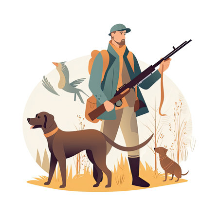 Hunter with hunting rifle and dog. Colorful flat vector illustration. Vector illustration in flat style, website clipart artの素材