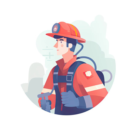 Firefighter in uniform and helmet. Vector concept illustration for web design. Vector illustration in flat style, website clipart artの素材