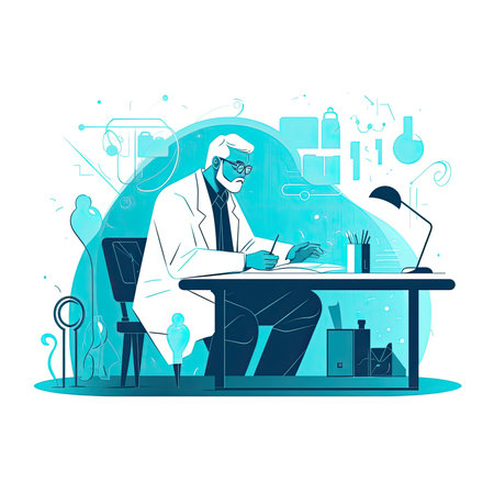 Vector illustration of a scientist working at the laboratory. Concept of science, medicine, research. Vector illustration in flat style, website clipart artの素材