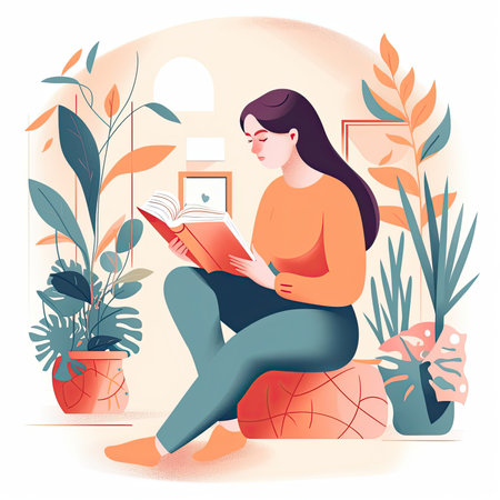 Young woman reading a book at home. Vector illustration in flat style. Vector illustration in flat style, website clipart artの素材