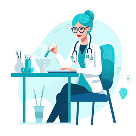 Female doctor with stethoscope sitting at table and writing prescription. Vector flat illustration. Vector illustration in flat style, website clipart artの素材
