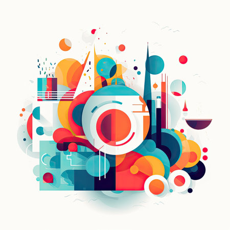 Retro camera on colorful background with geometric shapes. vector illustration. Vector illustration in flat style, website clipart artの素材