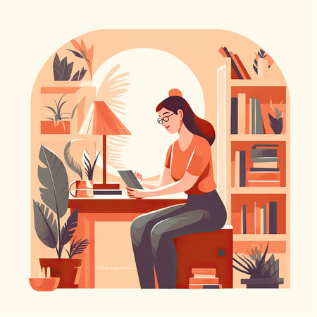 Woman working on laptop at home. Vector illustration in flat style. Vector illustration in flat style, website clipart artの素材