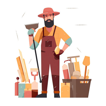 Handyman with a shovel in his hand. vector illustration. Vector illustration in a flat style, website clipartの素材